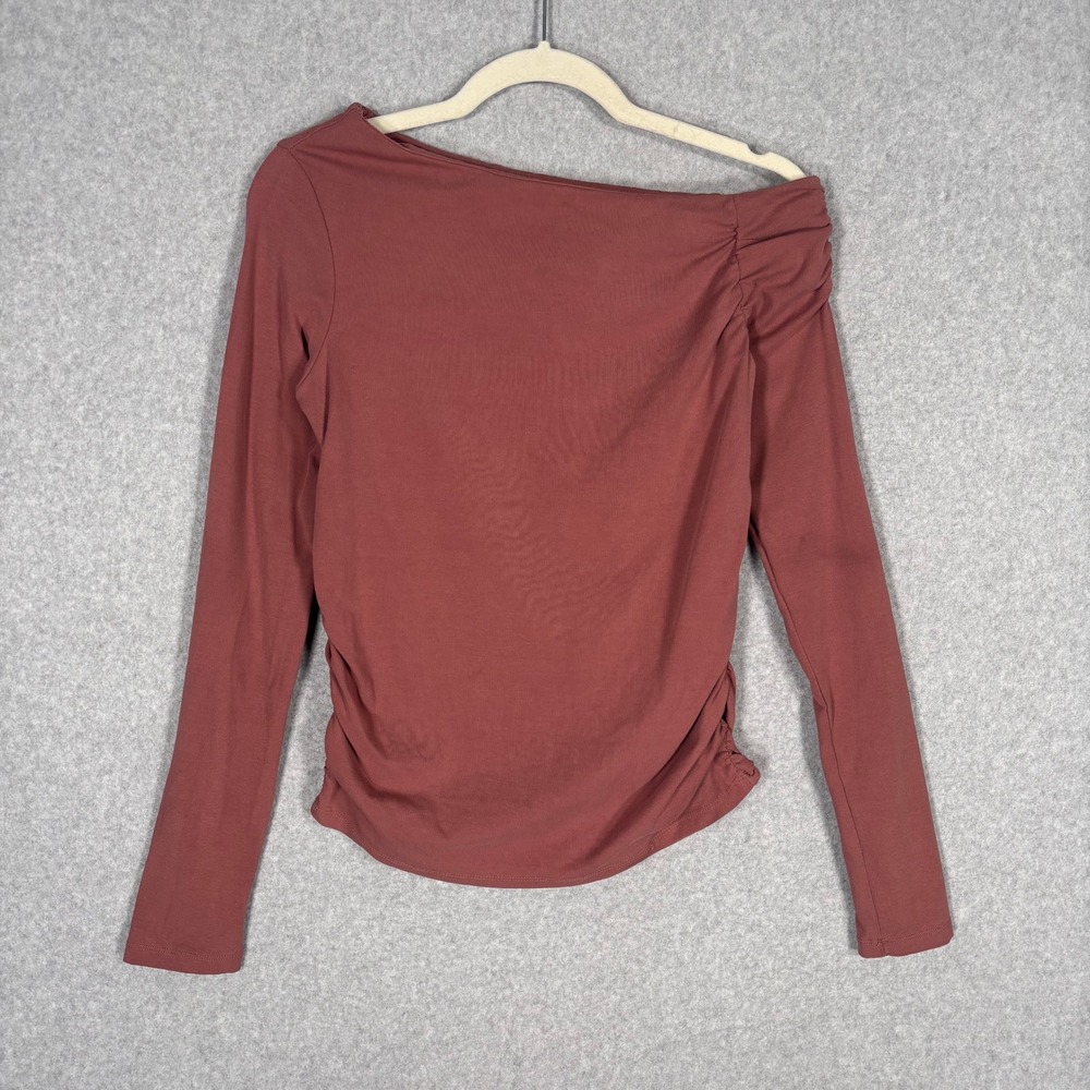 Wishlist One Shoulder Top Small Mauve Ruched Long Sleeve Cotton Spandex Neutral
